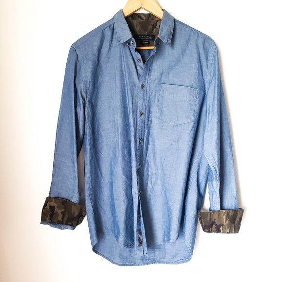 Zara Other - Zara Man | Slim Fit Chambray Camo Button Down Top